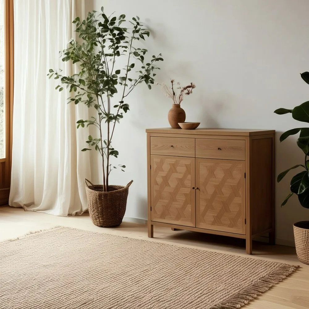 Mueble recibidor natural de madera con cajones y puertas