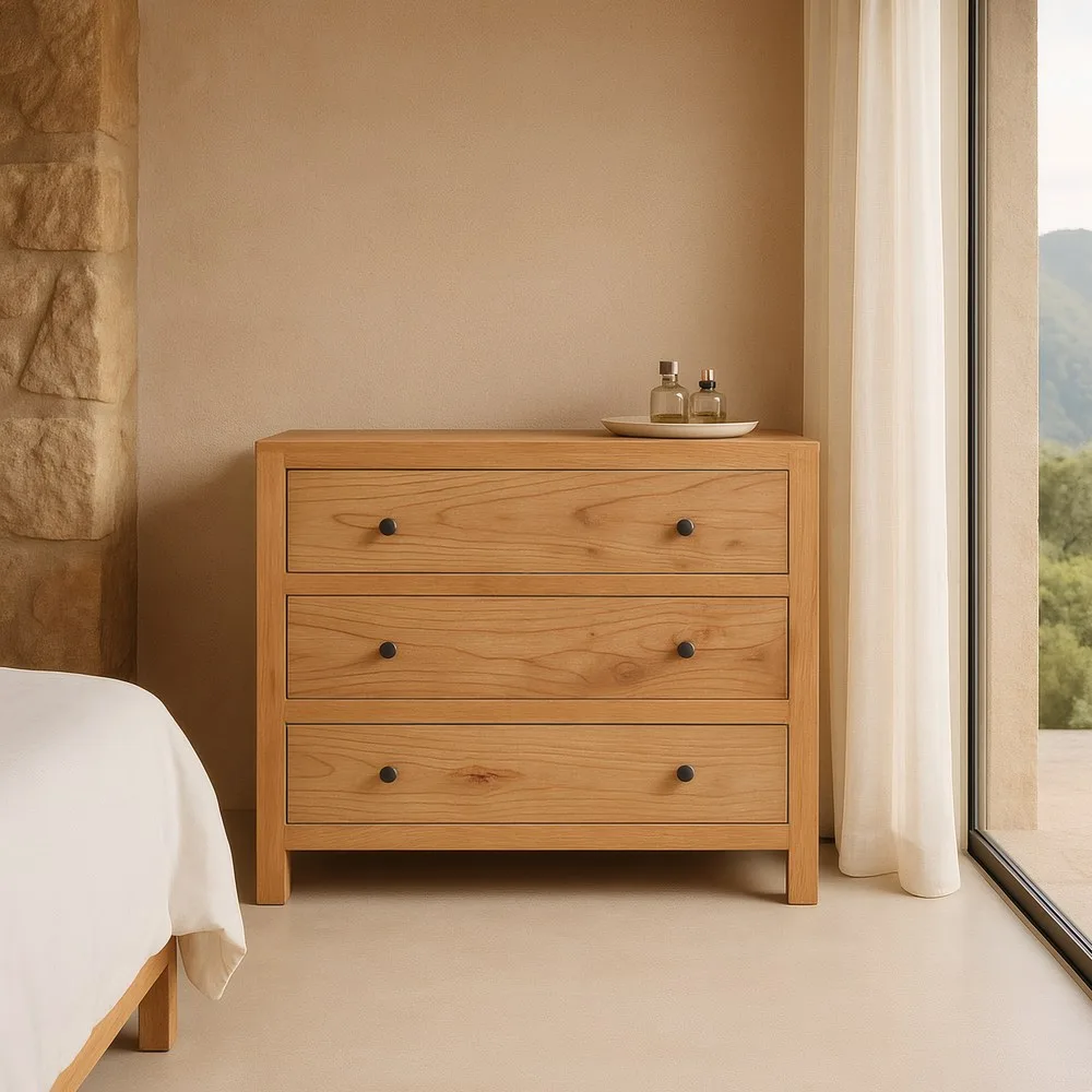Detalle del acabado de la cómoda de madera de mindi 90 cm