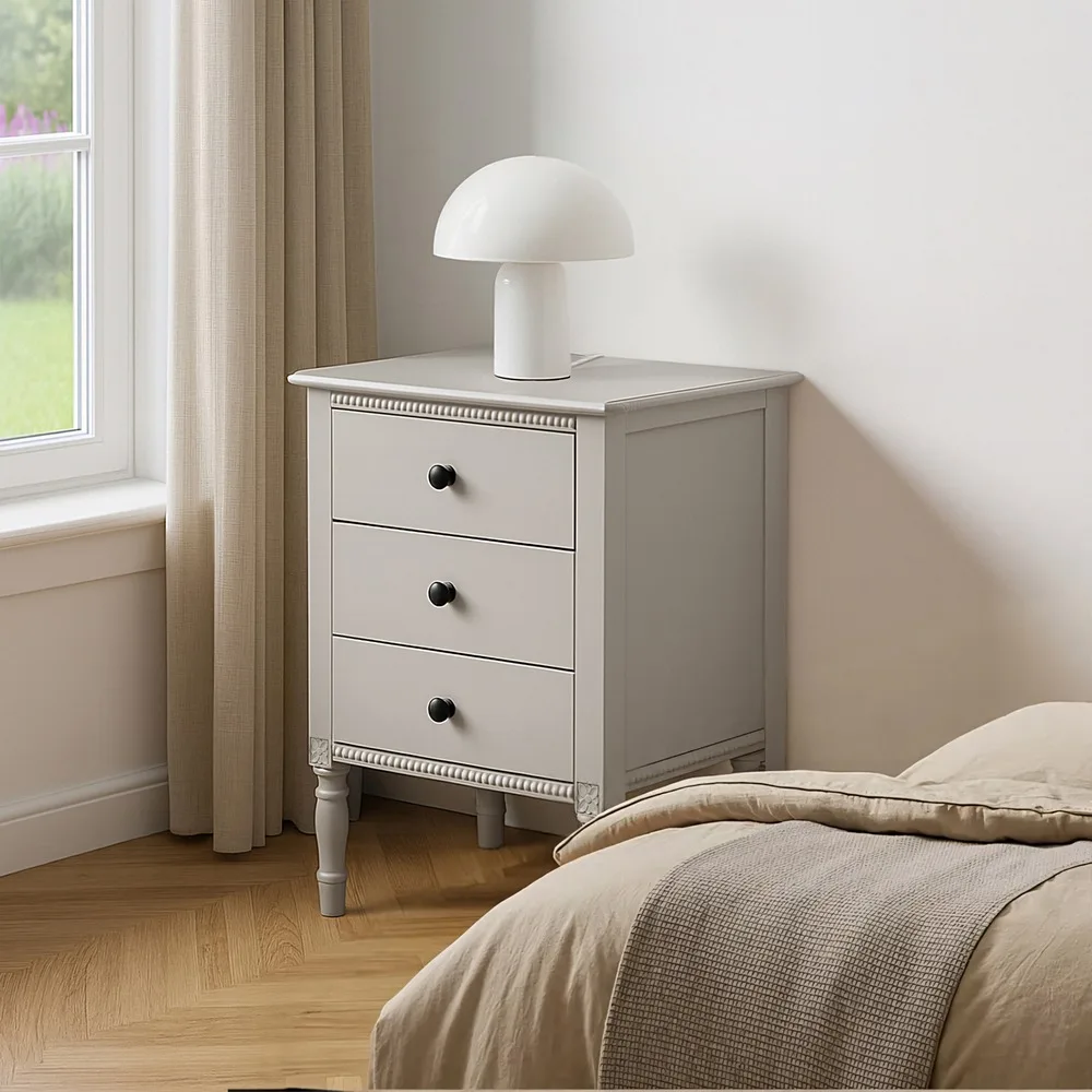 Mesita de noche gris claro de 43 x 33 x 61 cm para dormitorio