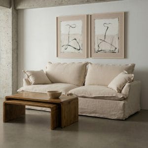 SOFÁ 3 PLAZAS BEIGE MADERA / TEJIDO 230 X 109 X 90 CM