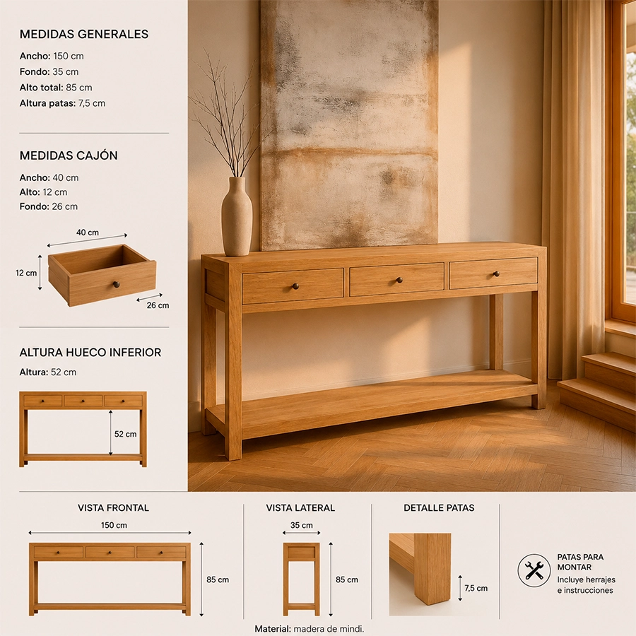 CONSOLA NATURAL MADERA MINDI ENTRADA 150 X 35 X 85 CM - Imagen 2