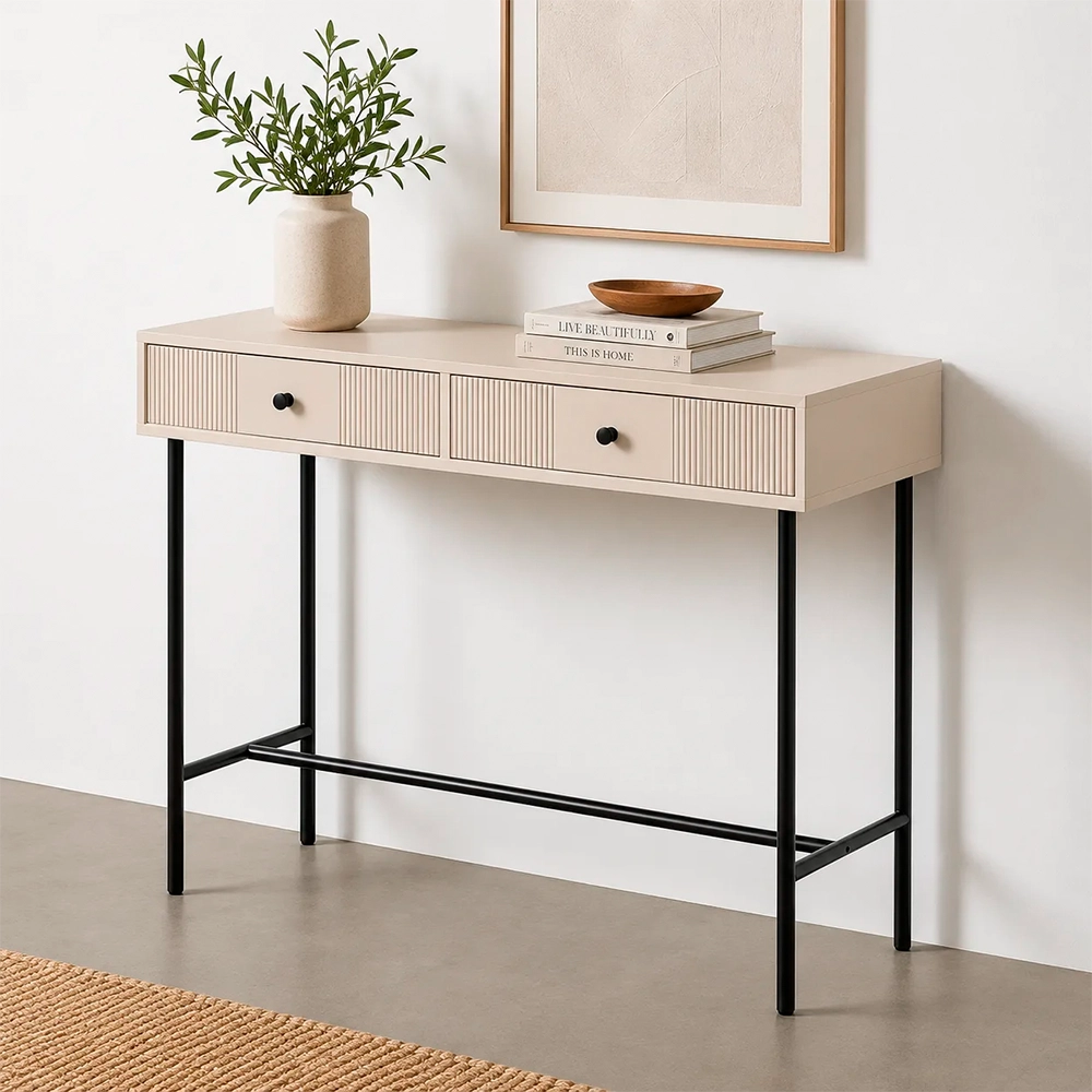 Consola crema moderna con cajones y patas de hierro