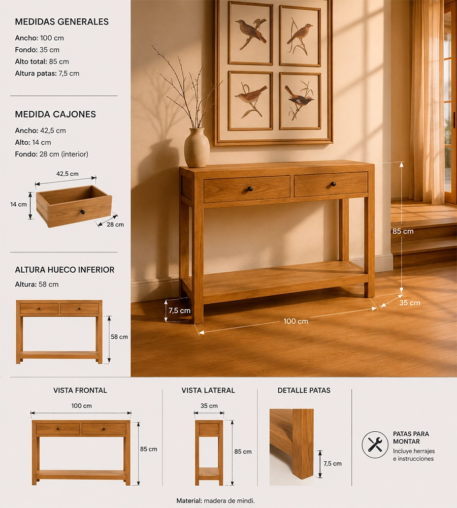 CONSOLA NATURAL MADERA MINDI ENTRADA 100 X 35 X 85 CM - Imagen 2