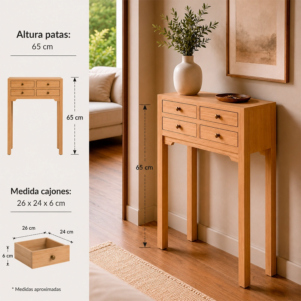 CONSOLA NATURAL DM-MADERA 63 X 26 X 85 CM - Imagen 2