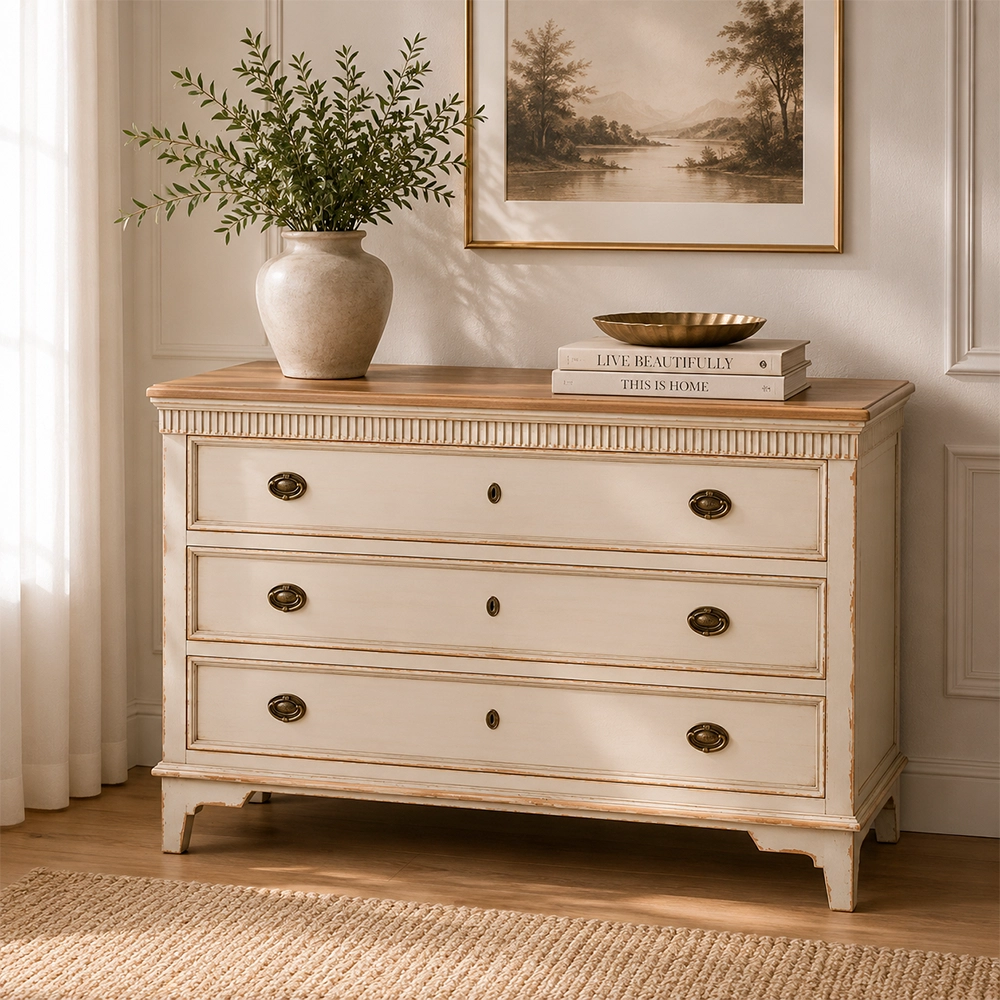 Cómoda de abeto natural y crema de 119,5 x 44,5 x 84 cm para dormitorio