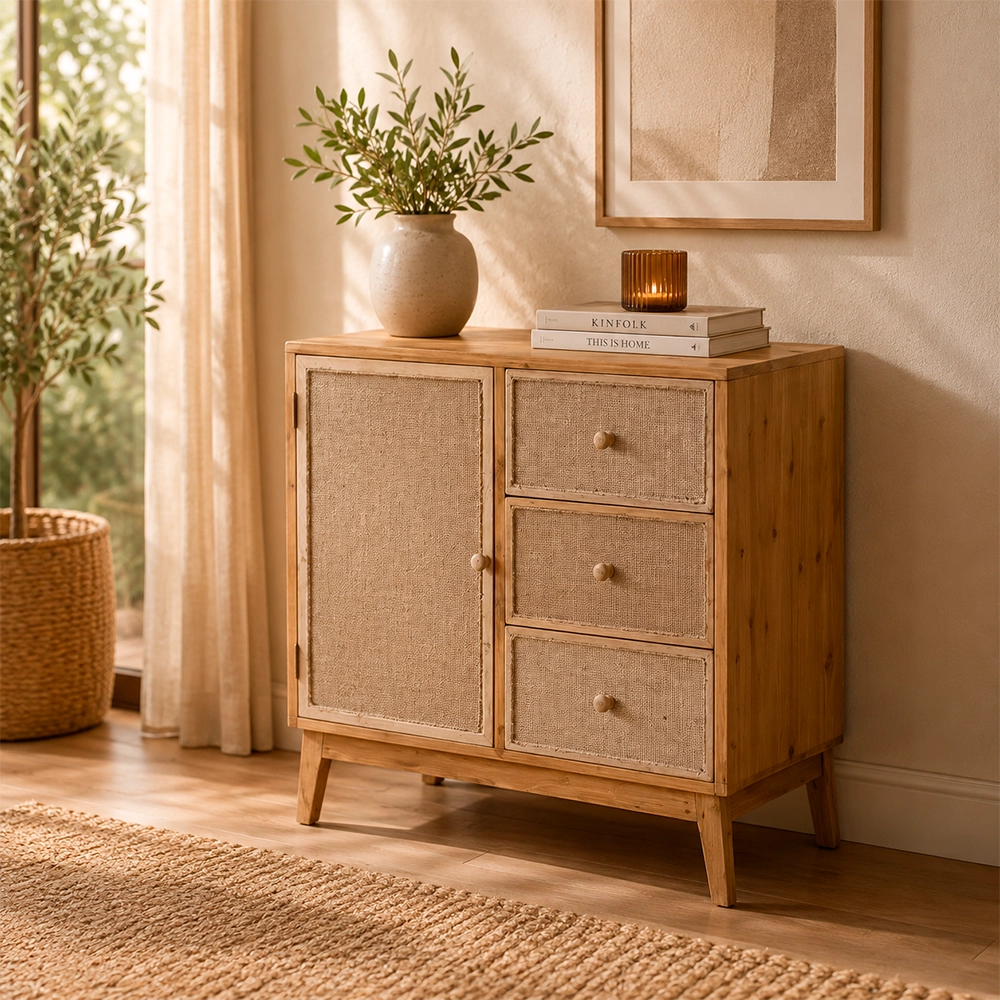 Mueble recibidor natural con puerta y tres cajones de almacenamiento