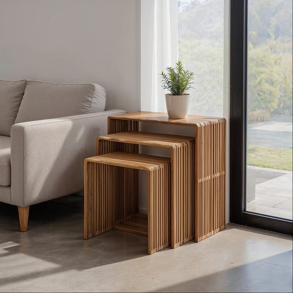 Set de 3 mesas auxiliares teca natural en madera reciclada, Ref. 614738