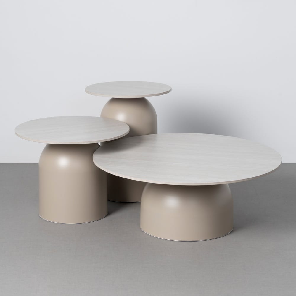 Set de 3 mesa centro beige piedra sinterizada efecto travertino