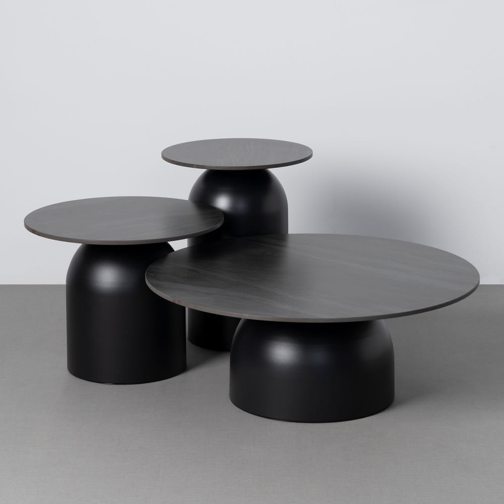 Set de 3 mesa centro negro piedra sinterizada con base de metal
