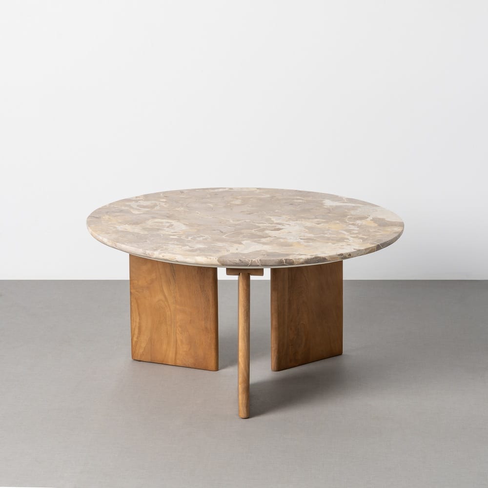 Mesa centro beige 80 cm de piedra natural y madera de mango