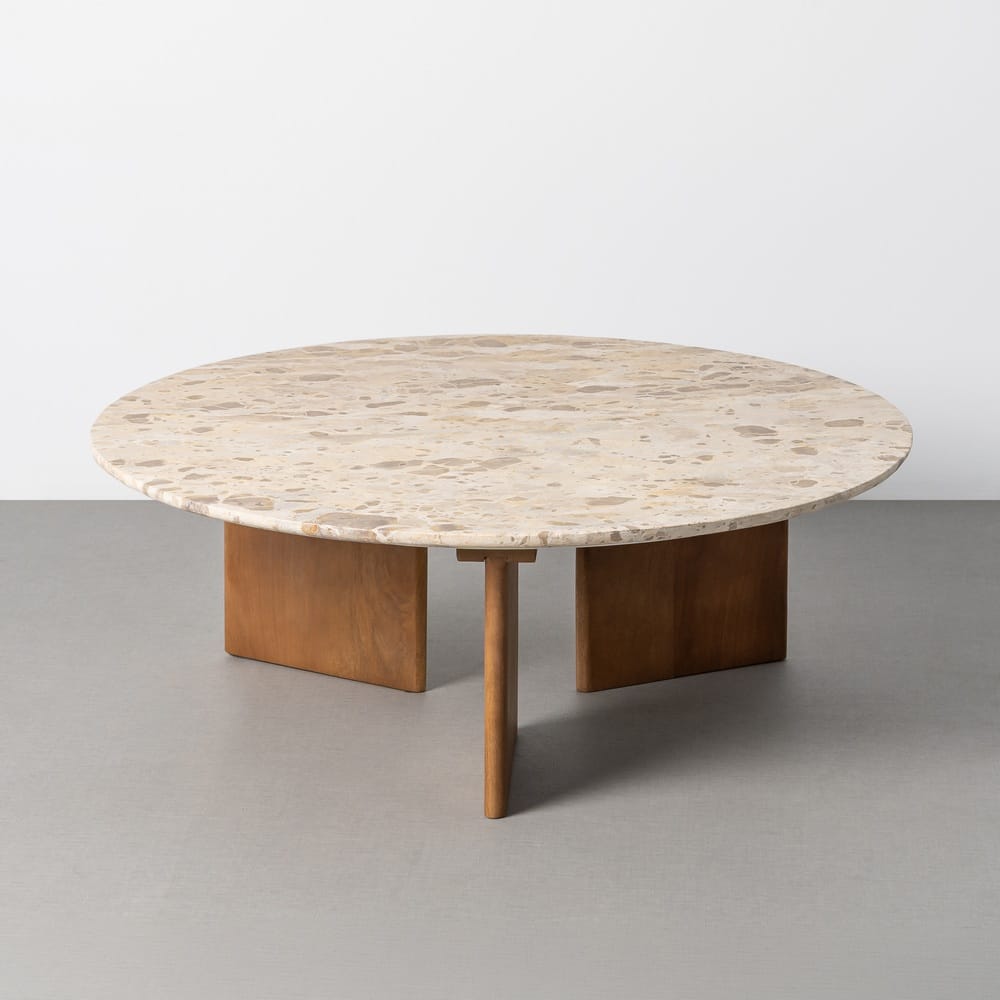 Mesa centro beige 100 cm de piedra natural y madera de mango