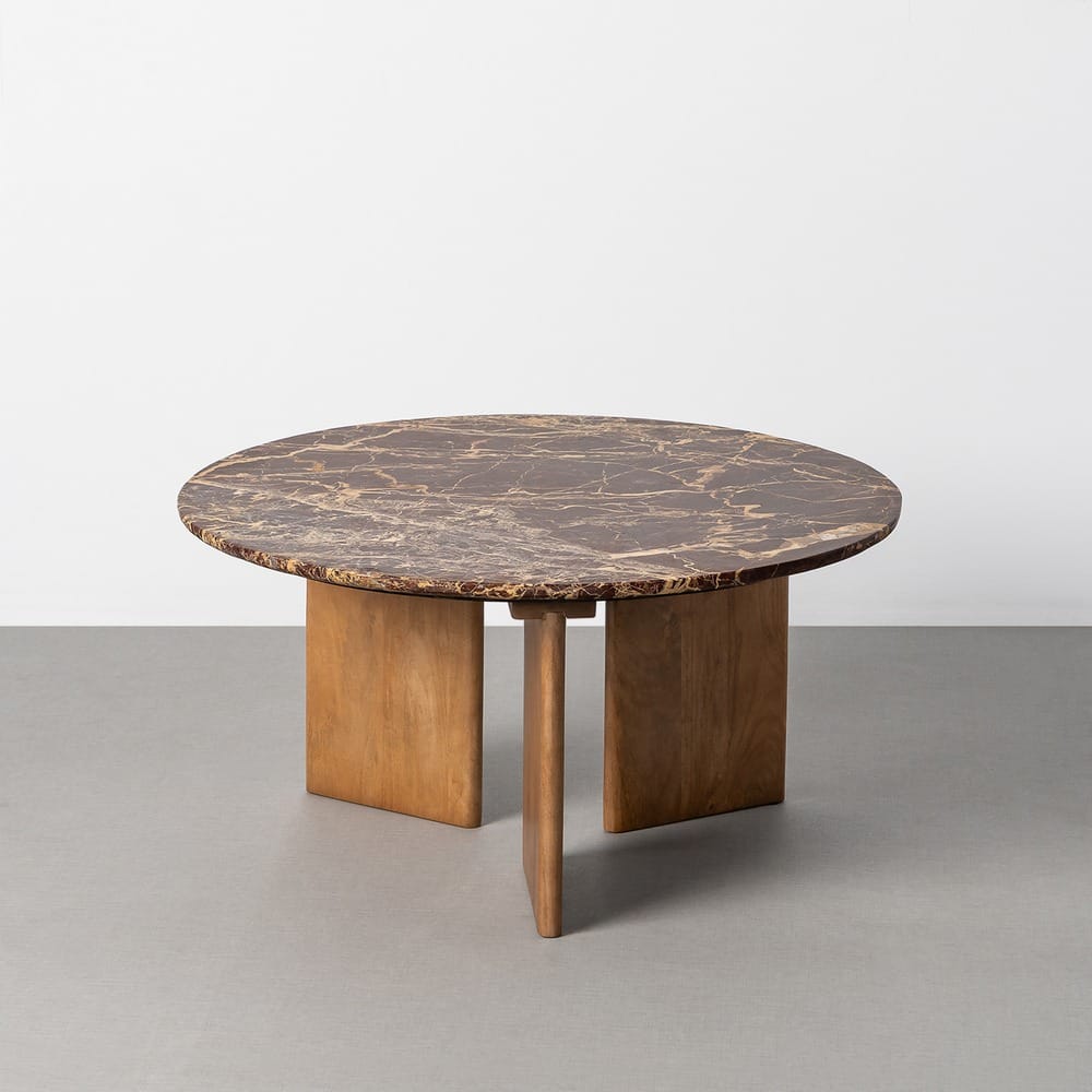Mesa centro burdeos 80 cm de piedra natural y madera de mango